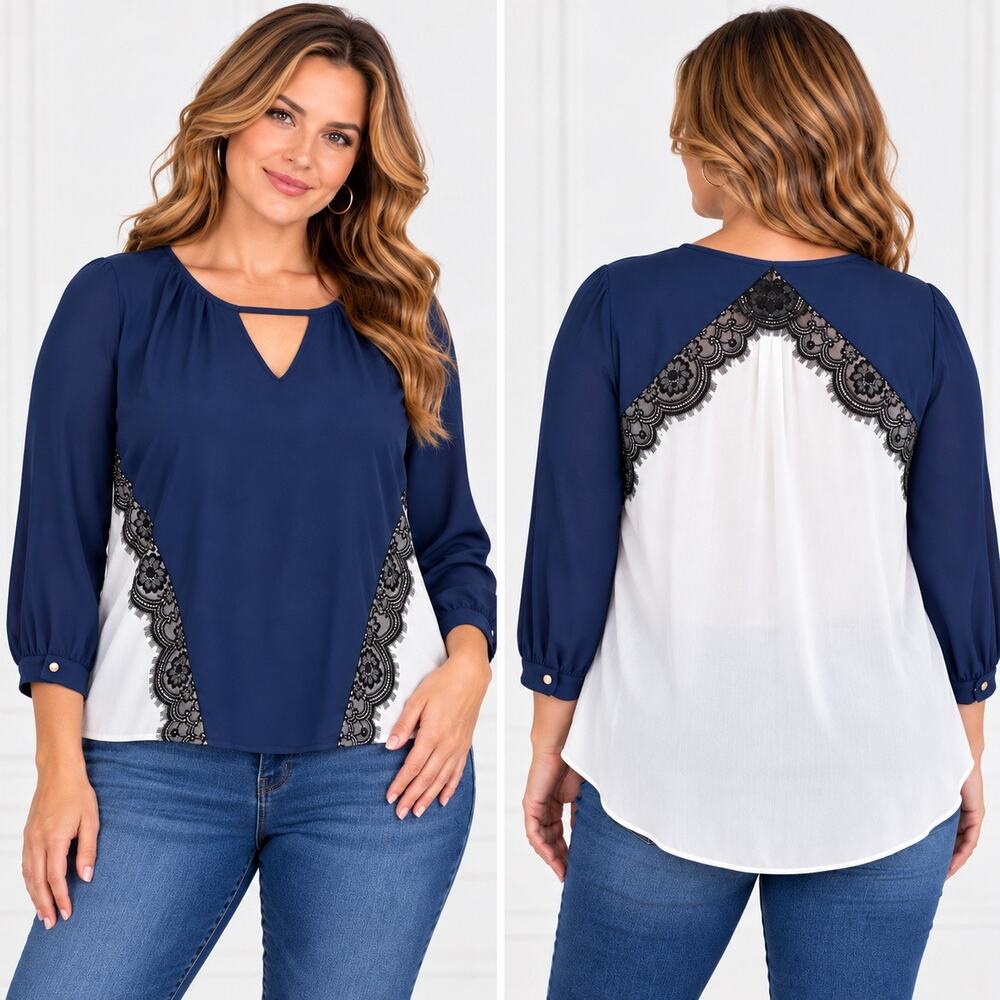 Apt 9 Womens XL Blue White Lace Trim Blouse Long Sleeve Top Silky Lightweight